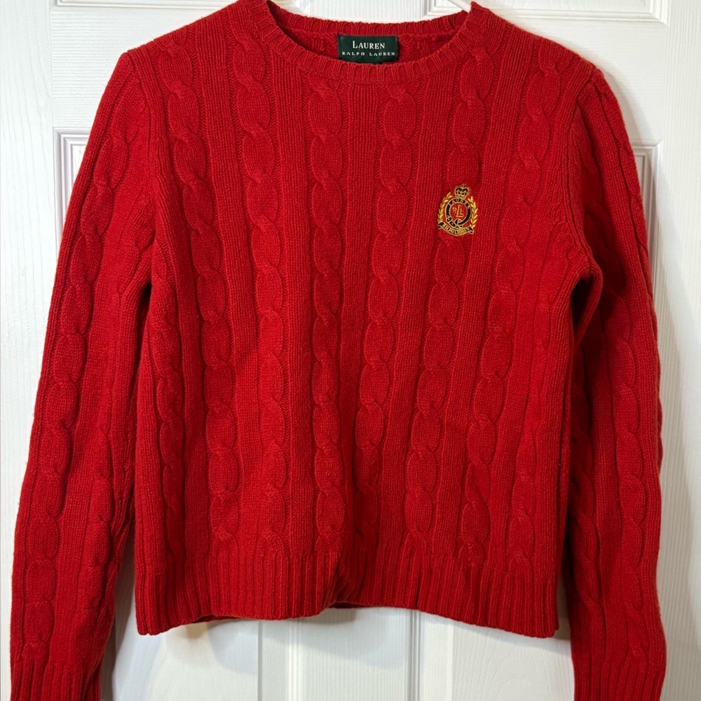 Vintage 1990s Lauren Ralph Lauren Red Cable Knit Sweater 100% Lambswool Small